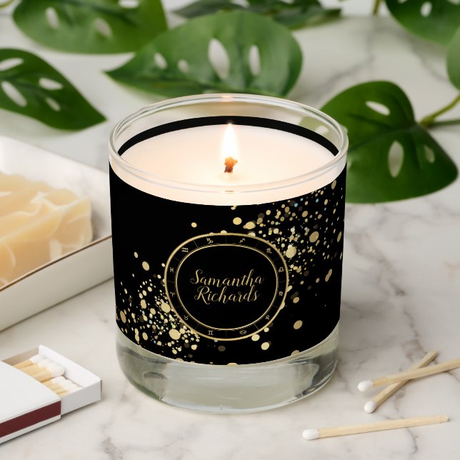 Black Zodiac Astrology Gold Stars Scented Candle (Lit)
