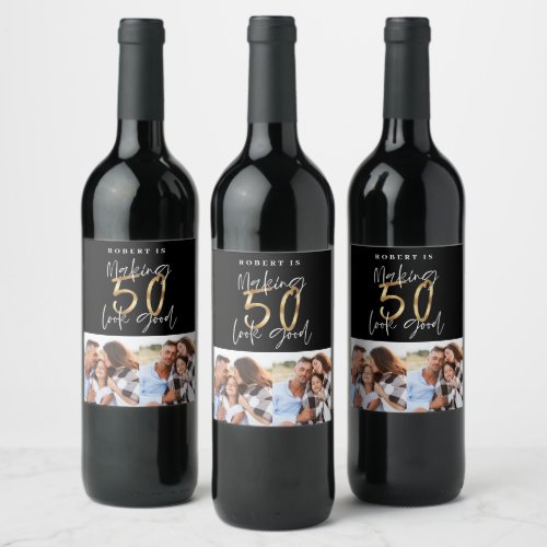 Blacka gold 50th birthday multi photo party favor wine label