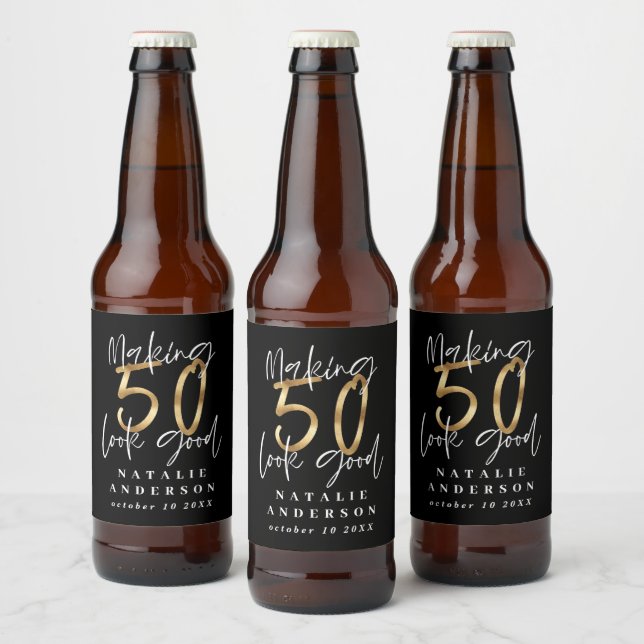 Blacka nd gold 50th birthday party favor beer bottle label (Bottles)