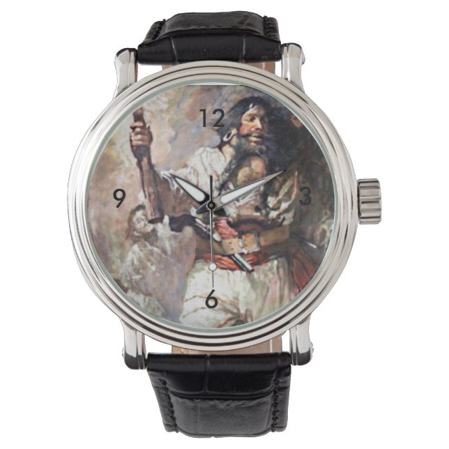 Blackbeard on Fire Haunted Pirate Vintage Art Watch (Front)