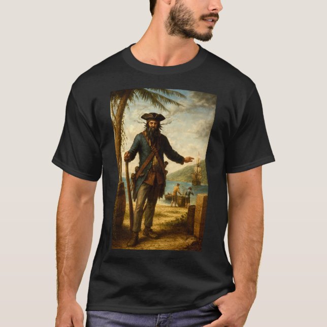 Blackbeard The Pirate With Smoking Beard T-Shirt (Front)