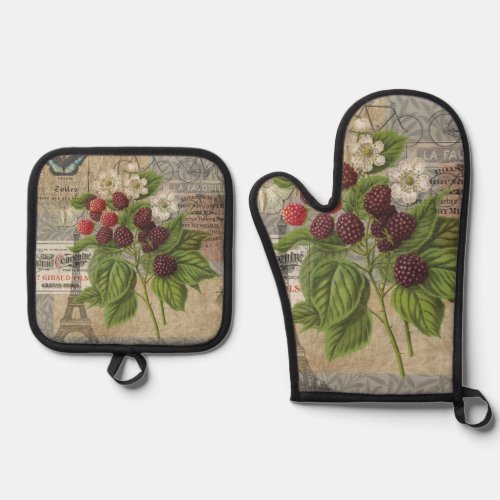 Blackberries Floral Garden Flower Butterfly Art Oven Mitt  Pot Holder Set