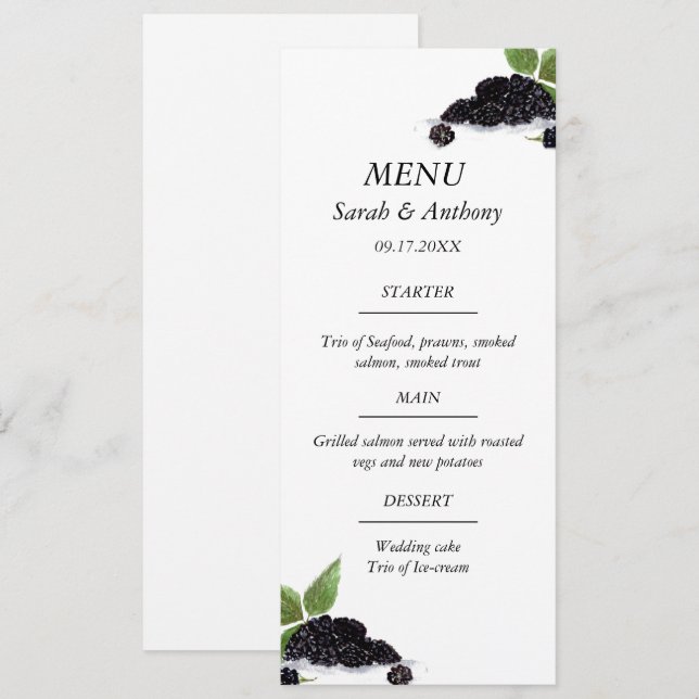 Blackberries Fruit Watercolor Rustic Wedding Food  Menu (Front/Back)