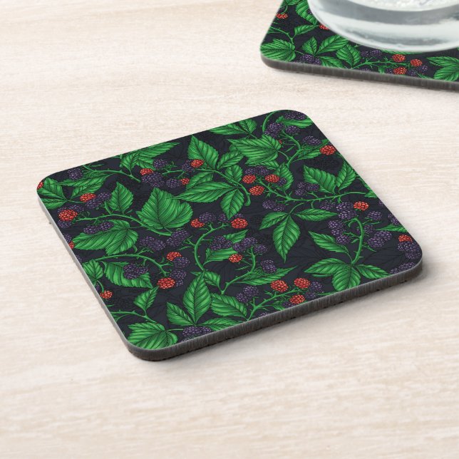 Blackberries on dark gray beverage coaster (Left Side)