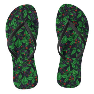 Blackberries on dark gray flip flops