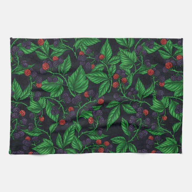 Blackberries on dark gray kitchen towel (Horizontal)