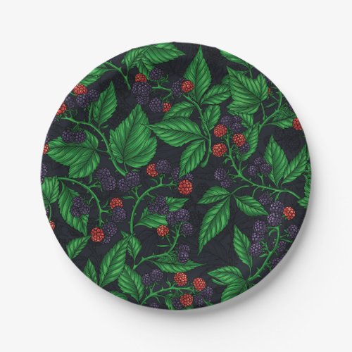 Blackberries on dark gray paper plates