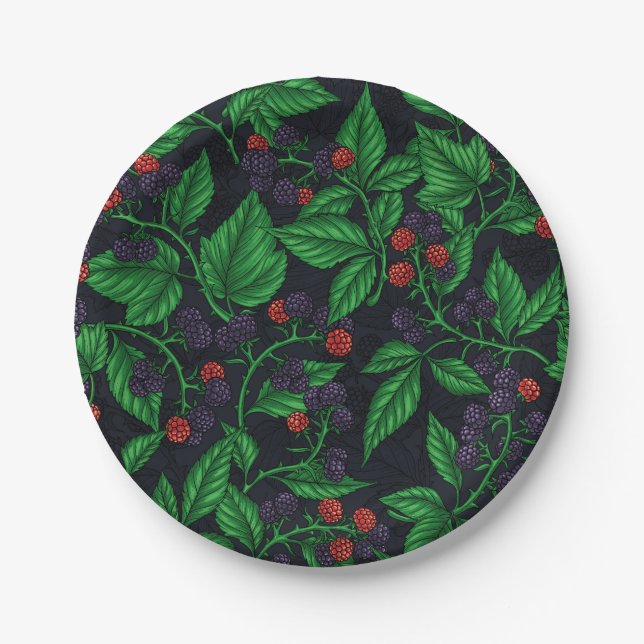 Blackberries on dark gray paper plates (Front)