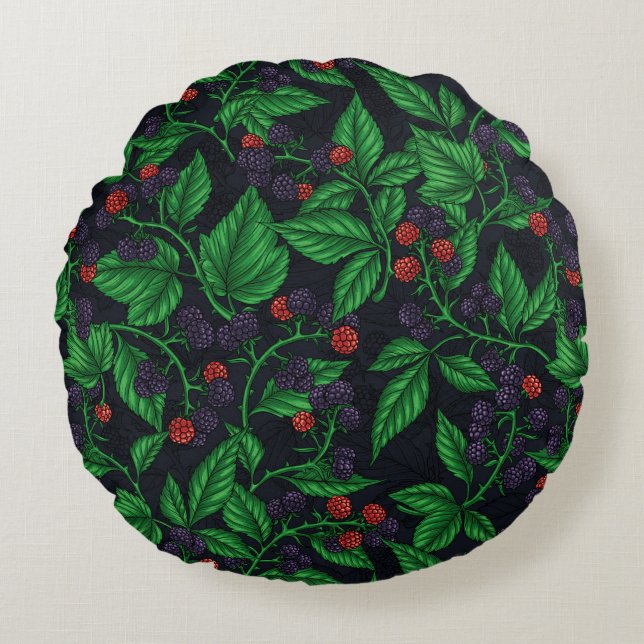 Blackberries on dark gray round pillow (Front)