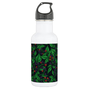 Blackberries on dark gray stainless steel water bottle