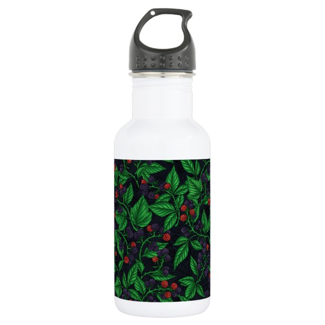 Blackberries on dark gray stainless steel water bottle (Front)