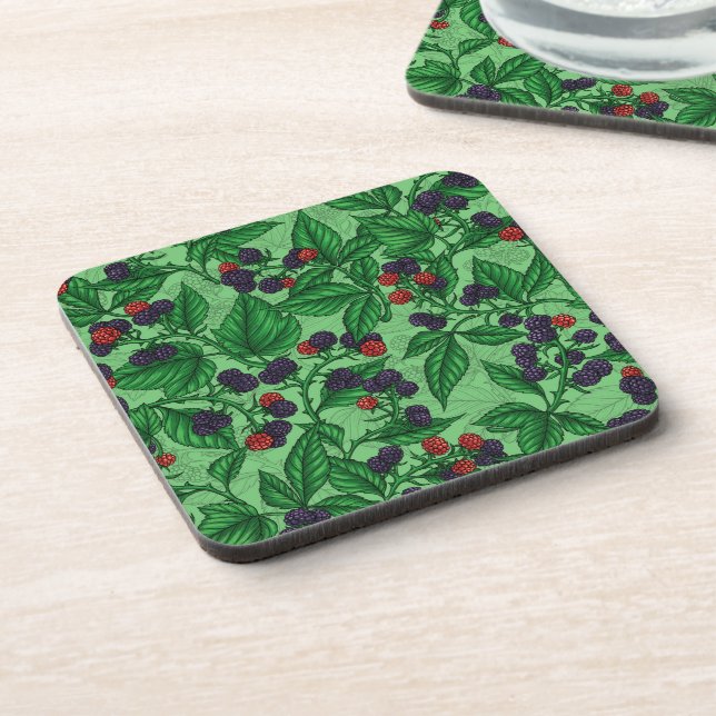 Blackberries on green beverage coaster (Left Side)