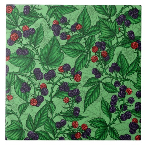 Blackberries on green ceramic tile
