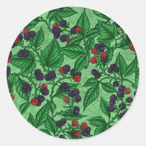 Blackberries on green classic round sticker