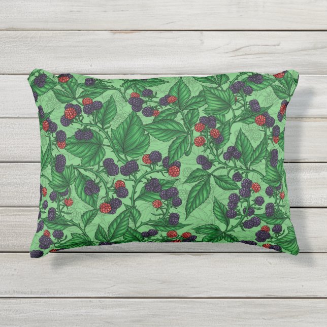 Blackberries on green outdoor pillow (Front)