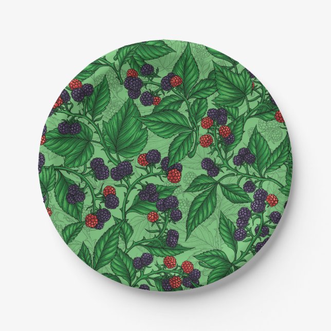 Blackberries on green paper plates (Front)