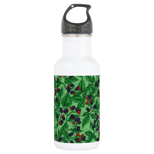 Blackberries on green stainless steel water bottle (Front)