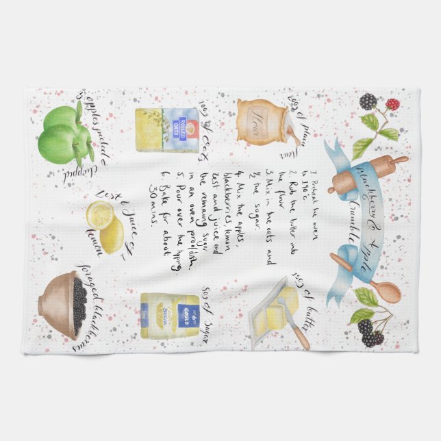 Blackberry and Apple Crumble Illustrated Recipe Kitchen Towel (Horizontal)