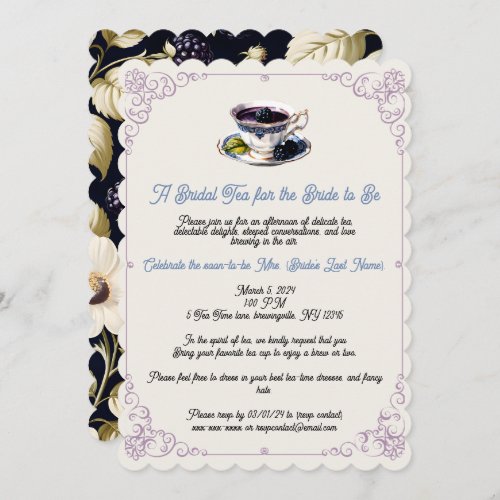 Blackberry Blooms Bridal Shower Tea Party Invitation