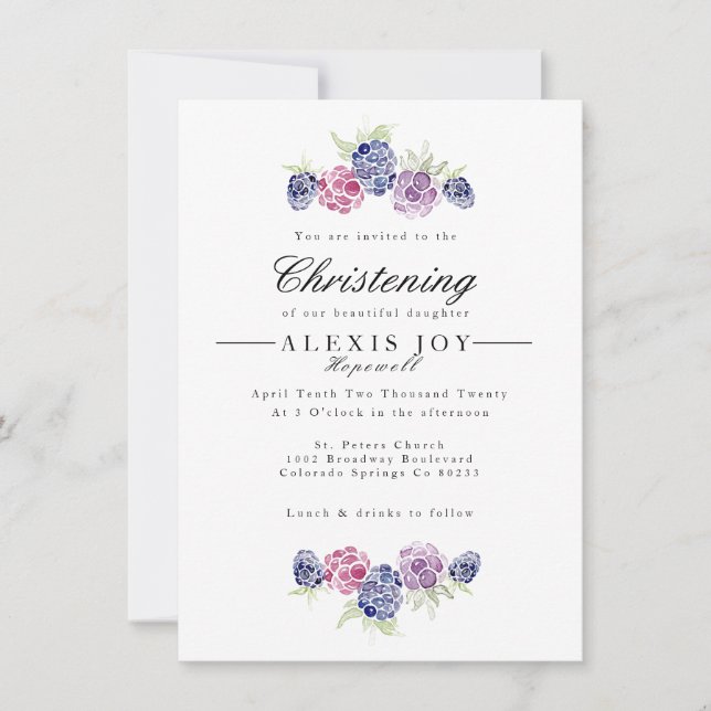 Blackberry | Watercolor Wreath Christening Invitation (Front)