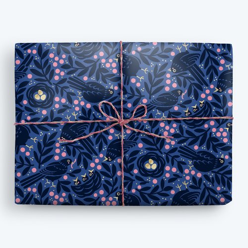 Blackbird and Nest with Golden Eggs Blue and Pink Wrapping Paper