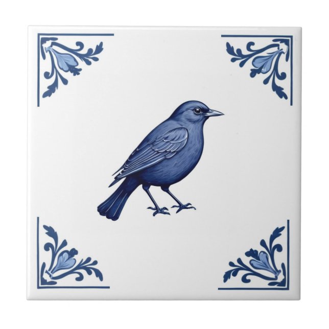 Blackbird Delft Blue and White Floral Corners Bird Ceramic Tile (Front)