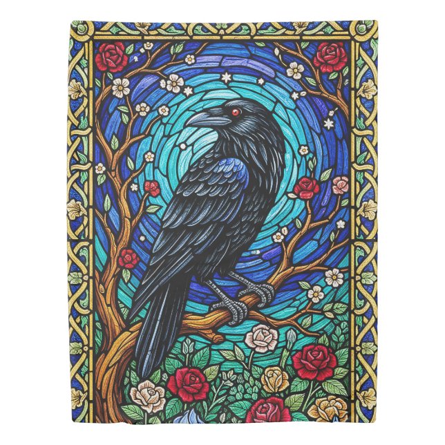 Blackbird Stained Glass Corvid Raven Duvet Cover (Front)