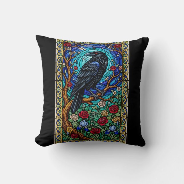 Blackbird Stained Glass Corvid Raven Throw Pillow (Front)