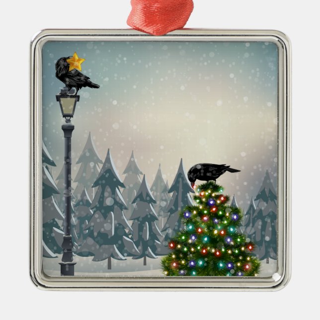 Blackbirds Decorating Ravens Christmas Tree Metal Ornament (Front)