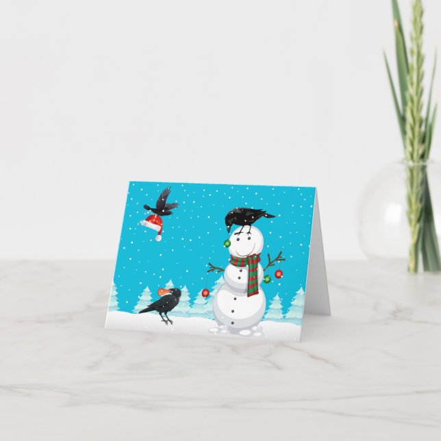 Blackbirds Decorating Snowman Ravens Christmas Holiday Card (Front)