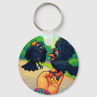 Blackbirds feeding from hand in the park cartoon keychain