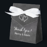 Blackboard chalkboard wedding party bow favor box<br><div class="desc">Custom chalkboard wedding party bow knot favor box with personalized text for thanking guests. Custom thank you message from bride and groom. Blackboard background image print with stylish handwritten typography. Includes elegant white ribbon bow. Customizable text template. Trendy vintage theme design with entwined double love heart. Pretty accessories for fancy...</div>