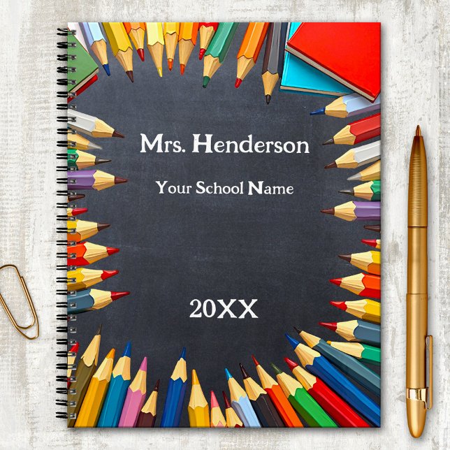 Blackboard Colored Pencils Teacher Class Year  Planner (Teacher year planner featuring a classic design with colored pencils on a blackboard or chalkboard)