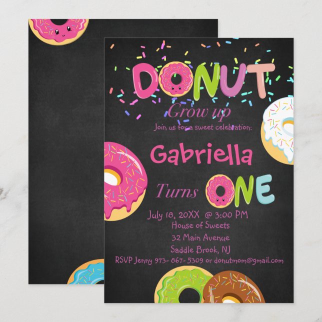 Blackboard DONUT Grow Up First Birthday Party Card (Front/Back)