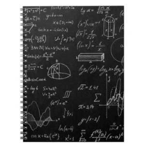 Blackboard inscribed with scientific formulas and notebook