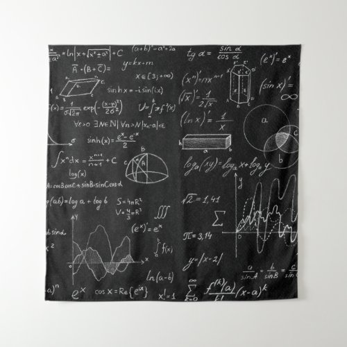 Blackboard inscribed with scientific formulas and  tapestry