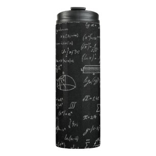 Blackboard inscribed with scientific formulas and thermal tumbler