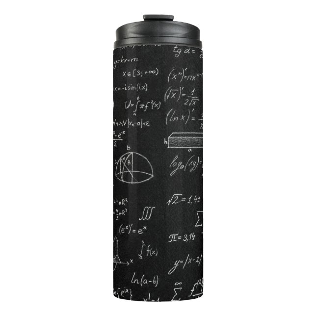 Blackboard inscribed with scientific formulas and  thermal tumbler (Front)