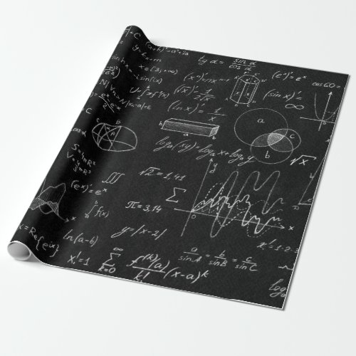 Blackboard inscribed with scientific formulas and  wrapping paper