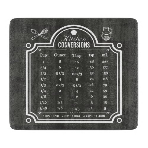 Blackboard Kitchen Conversion Chart Liquid Volume Cutting Board