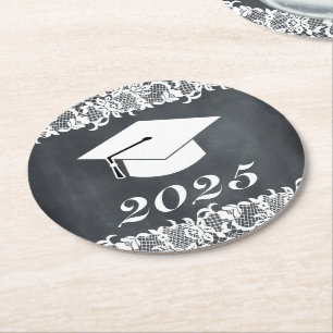 Blackboard Lace Graduation Hat Round Paper Coaster
