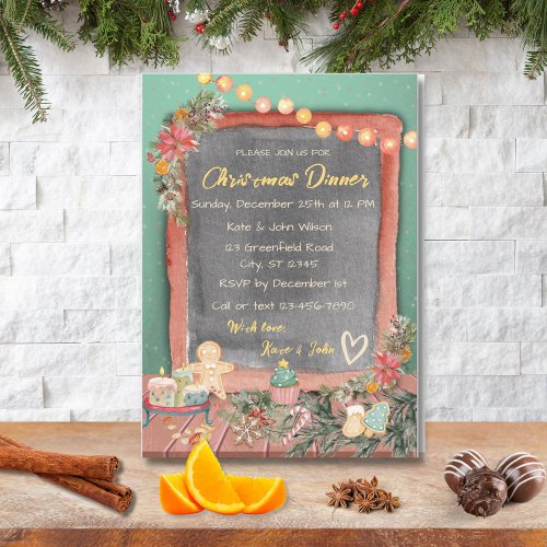 Blackboard on Table with Cookies Christmas Dinner Invitation