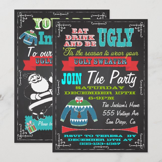 Blackboard Ugly sweater Christmas Party Invites (Front/Back)