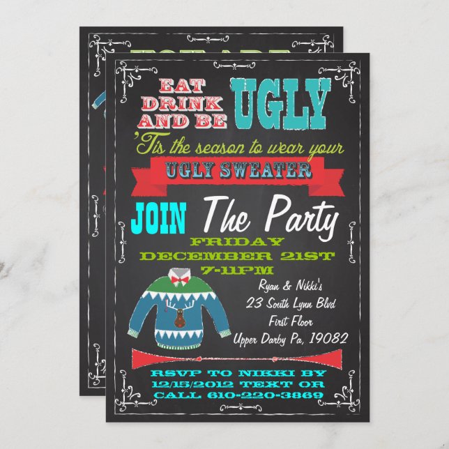 Blackboard Ugly sweater Christmas Party Invites (Front/Back)