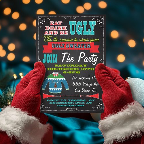 Blackboard Ugly sweater Christmas Party Invites