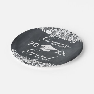 Blackboard & White Lace Cap Hat Graduation Paper Plates