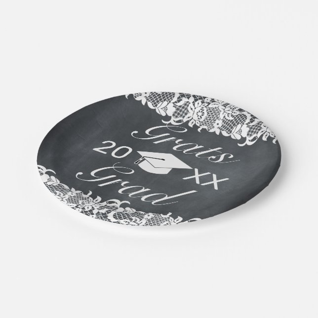 Blackboard & White Lace Cap Hat Graduation  Paper Plates (Angled)
