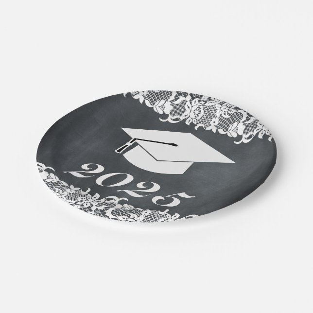 Blackboard & White Lace Graduation Hat Cap Paper Plates (Angled)
