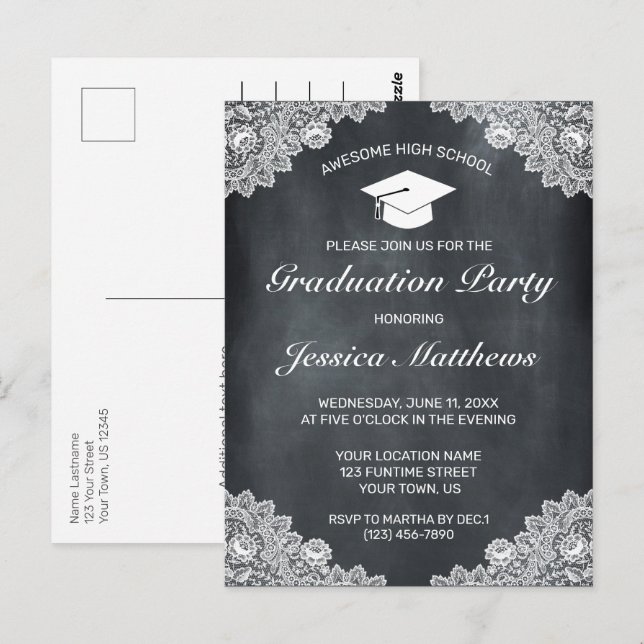 Blackboard & White Lace Graduation Invitation Postcard (Front/Back)