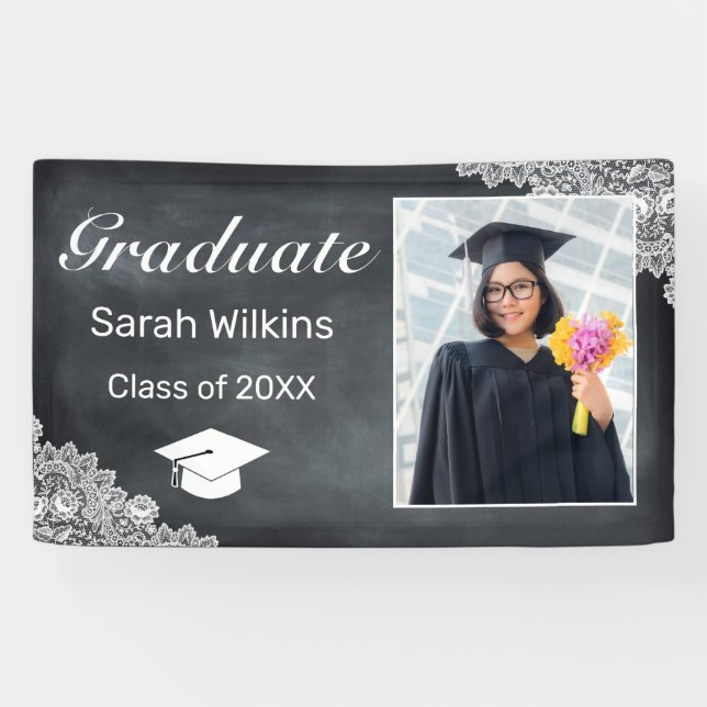 Blackboard & White Lace Graduation Photo  Banner (Horizontal)